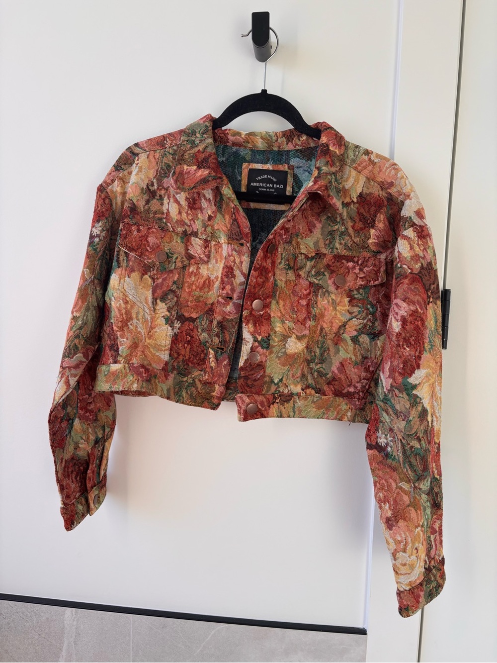 American Bazi Floral Cropped Jean Jacket - Rust Green Cream